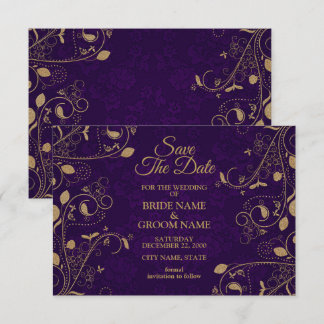 Save The Date Motif floral doré feuilles mariage moderne violet