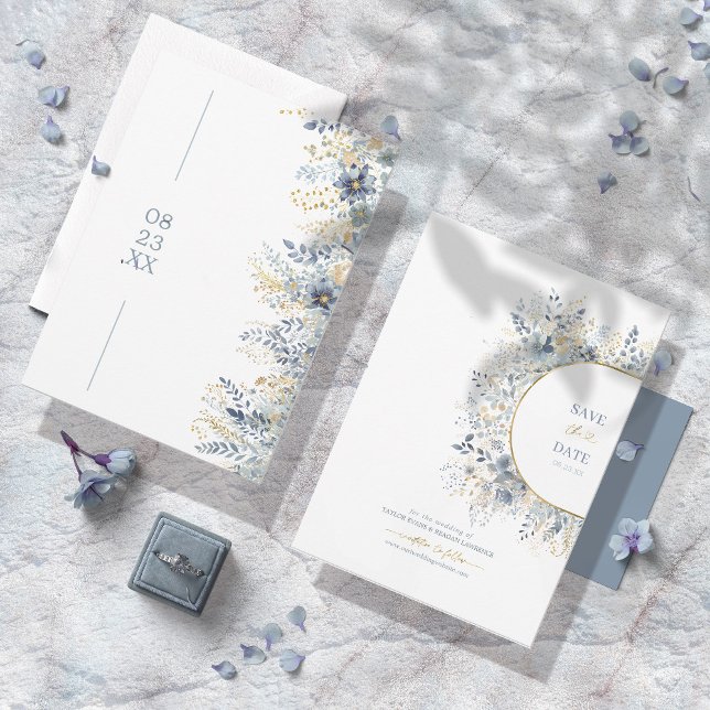 Save The Date Motif Floral doux Dusty Blue Gold ID1045 (Créateur téléchargé)