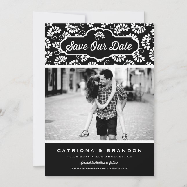 Save The Date Motif floral noir et blanc Photo Enregistrer notre (Devant)