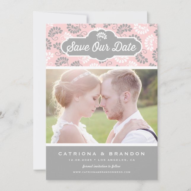 Save The Date Motif floral rose et gris Photo Sauvegarder la dat (Devant)