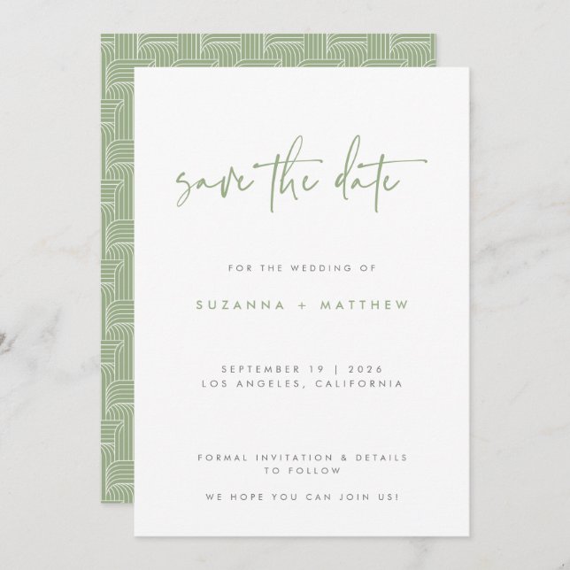 Save The Date Motif géométrique moderne vert Sage Mariage de scr (Devant / Derrière)