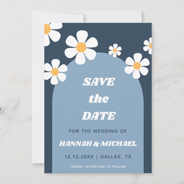 Save The Date Motif super Retro Dusty Blue Boho Arch & Daisy (Devant)