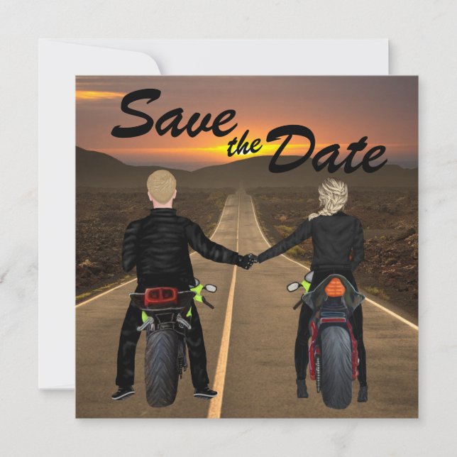 Save The Date Motos à équitation couple à Sunset Mariage (Devant)