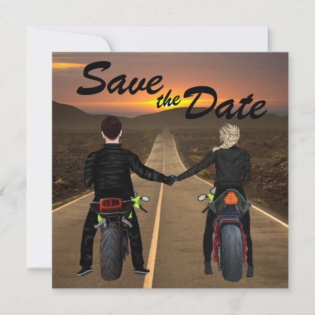 Save The Date Motos à équitation couple à Sunset Mariage (Devant)