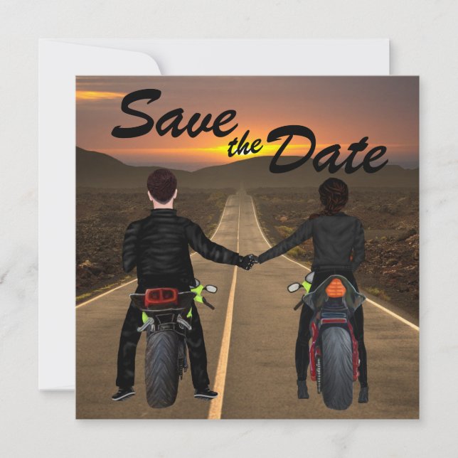 Save The Date Motos à équitation couple à Sunset Mariage Économi (Devant)
