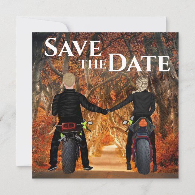 Save The Date Motos à équitation couple Mariage forestier d'auto (Devant)