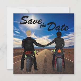 Save The Date Motos à équitation couple sur Sunny Highway Mariag