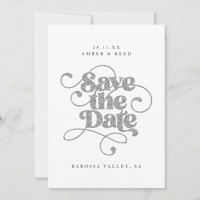 Save The Date Mots de script élégant argenté faux paillettes  (Devant)