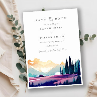Save The Date Mountain Country Lilac Fields Pine Trees Paysage