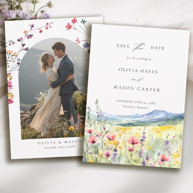 Save The Date Mountain Meadow Wildflowers Modern Photo Wedding (mountain wedding save the date boho arch photo wildflowers meadow floral watercolor modern)