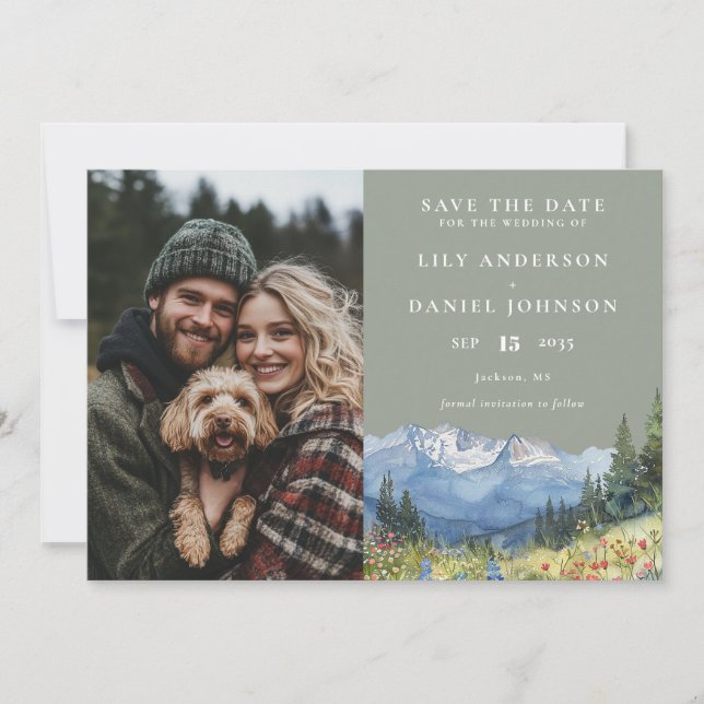 Save The Date Mountain Wildflowers Sage Green Photo Wedding (Devant)