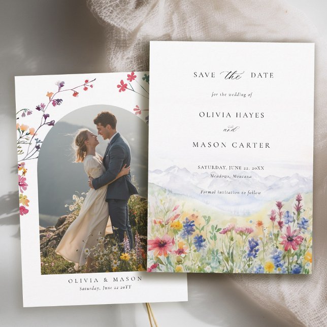 Save The Date Mountains Scene Rustic Meadow Wildflowers Wedding (mountains wedding save the date boho arch photo wildflowers meadow floral watercolor)