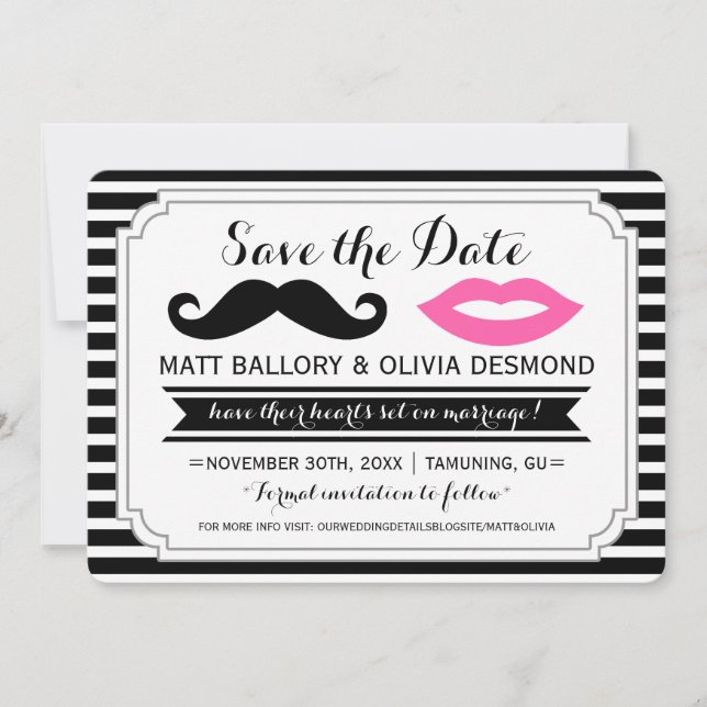 Save The Date Moustache et lèvres roses Mariage Stripe Enregistr (Devant)
