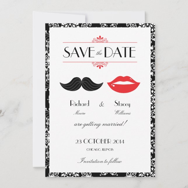 Save The Date Moustache et lèvres rouge, noir et blanc Mariage d (Devant)