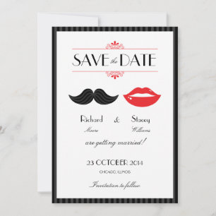 Save The Date Moustache rouge, noir et blanc et Mariage des lèvr