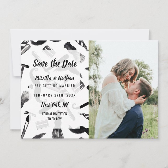 Save The Date Mustache Razor Shaver Aquarelle Barber Motif (Devant)