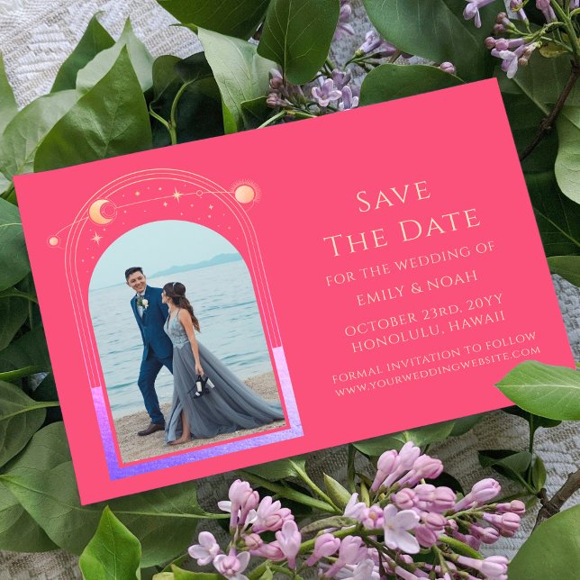Save The Date Mysic Chic Fuchsia Rose Star Moon Espace photo (Créateur téléchargé)