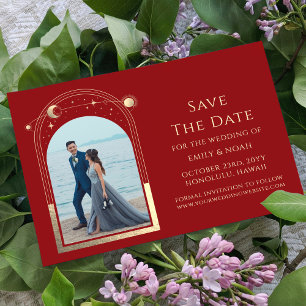 Save The Date Mystical Dark Red Gold Sun Moon Star Space
