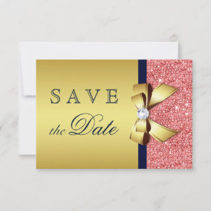 Save The Date Nacre dorée Corail Paillettes Diamants Nœud Faire 