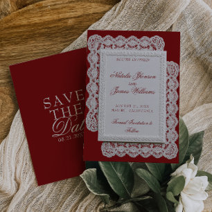 Save The Date Nappe en dentelle vintage Bourgogne Mariage Argent