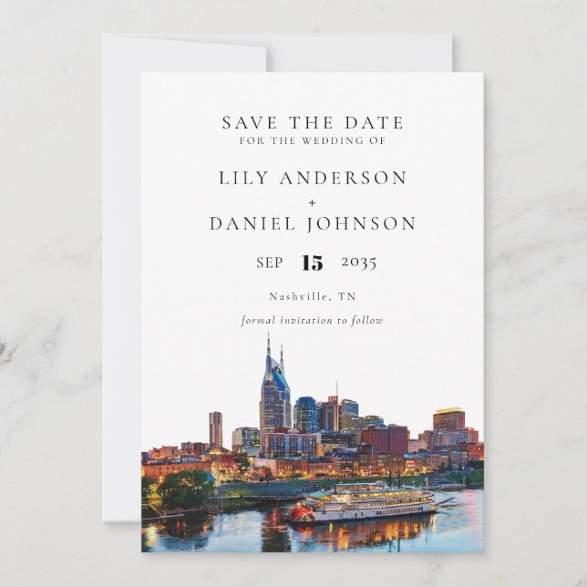 Save The Date Nashville Riverfront Watercolor Elegant Wedding (Devant)