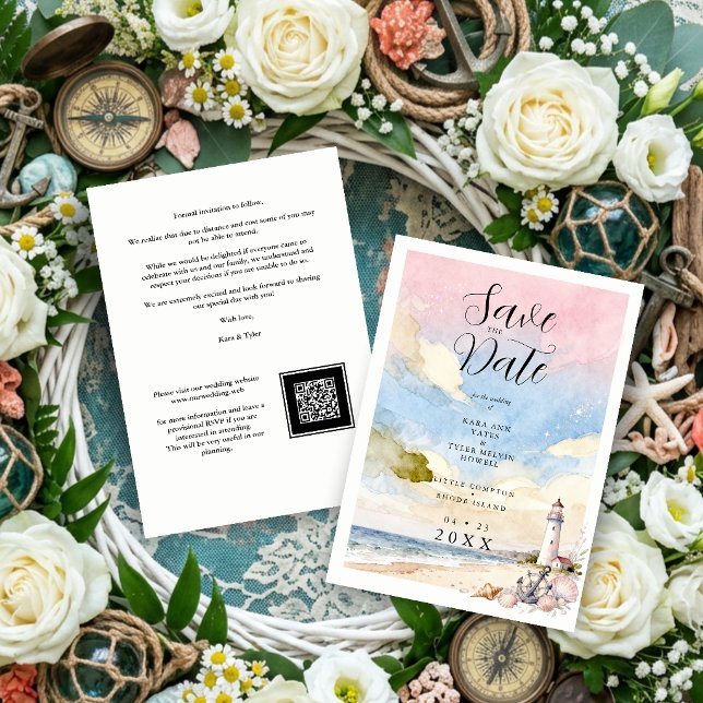 Save The Date Nautical Anchor & Seashells Coastal Scene Wedding (Nautical Anchor & Seashells Coastal Wedding Scene Save the Date Card with Watercolor Effect.)