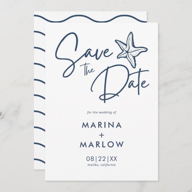 Save The Date Nautique Starfish Marine & White Wave (Devant / Derrière)