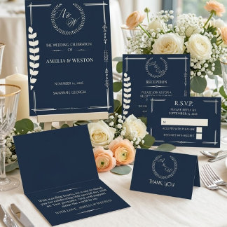Save The Date Navy Blue and Ivory Elegant Monogram