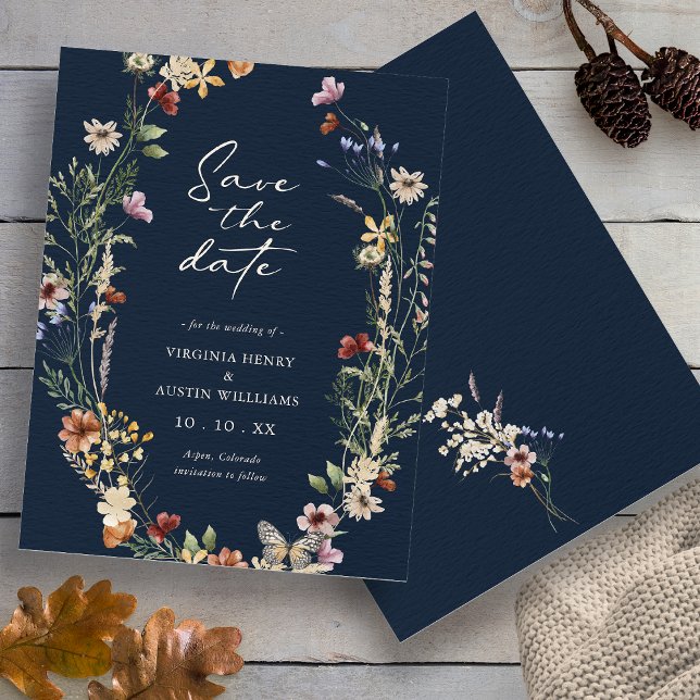 Save The Date Navy Blue Boho Floral Enregistrer La Date (Navy Blue Wildflower Floral Boho Floral Save The Date with Butterfly by Painted Paperie
)