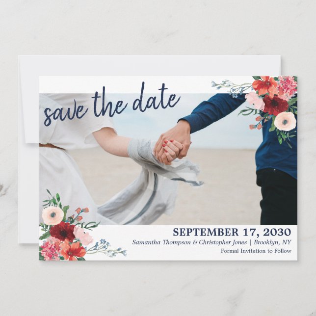 Save The Date Navy Blue Burgundy Coral Floral Photo Mariage (Devant)