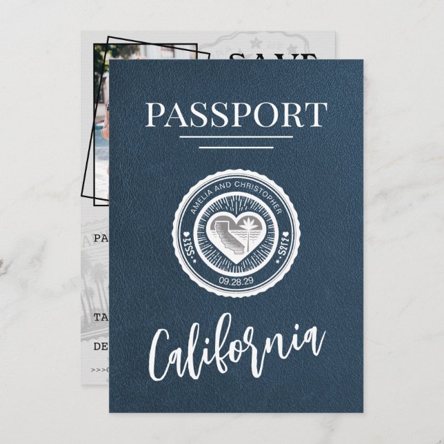 Save The Date Navy Blue California Passeport Enregistrer La Date (Devant / Derrière)