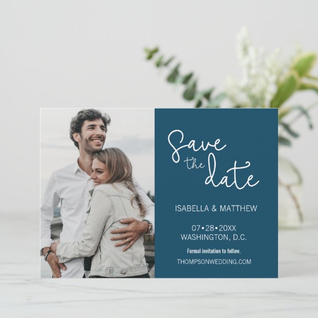 Save The Date Navy Blue Enregistrer la date Typographie Photo pe (Debout devant)