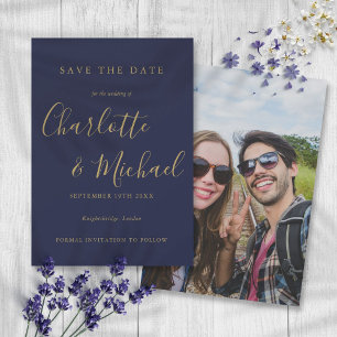 Save The Date Navy Blue et Or Élégant Signature Script Photo