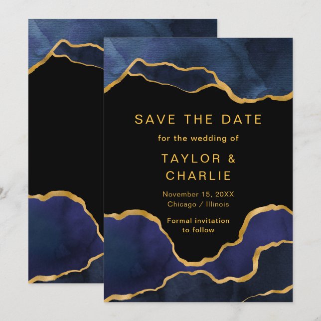 Save The Date Navy Blue et Or Peint Agate Enregistrer la Date (Devant / Derrière)