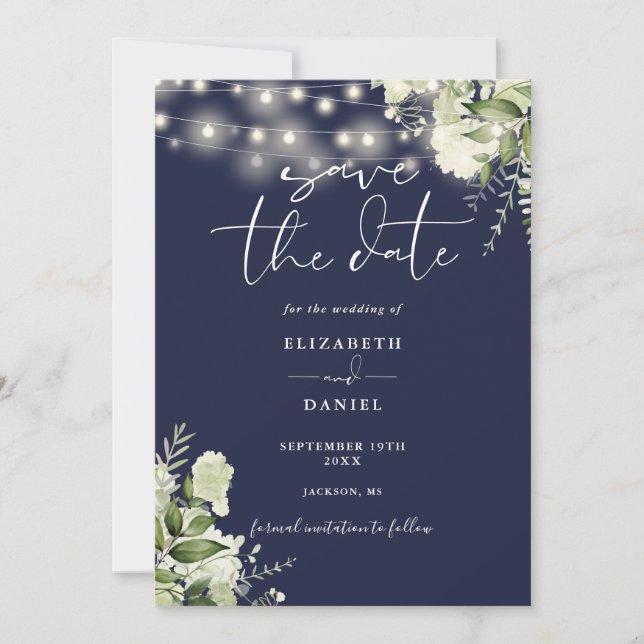 Save The Date Navy Blue Floral String Lights QR Code Wedding (Devant)