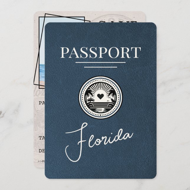 Save The Date Navy Blue Florida Passeport Enregistrer La Date (Devant / Derrière)