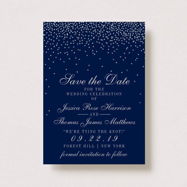 Save The Date Navy Blue & Glam Silver Confetti Enregistrer La Da (Créateur téléchargé)