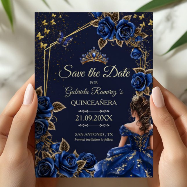 Save The Date Navy Blue Golden Tiara Roses  Quinceañera (Créateur téléchargé)