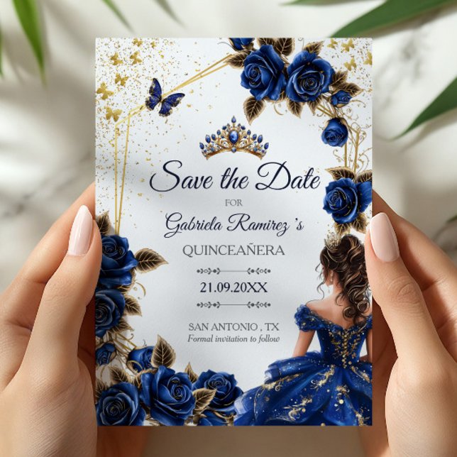 Save The Date Navy Blue Golden Tiara Roses  Quinceañera (Créateur téléchargé)