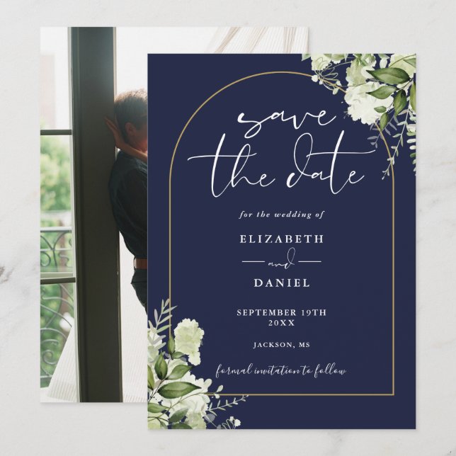 Save The Date Navy Blue Greenery Gold Arch Photo Mariage (Devant / Derrière)