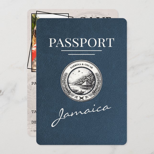Save The Date Navy Blue Jamaica Passeport Enregistrer La Date (Devant / Derrière)
