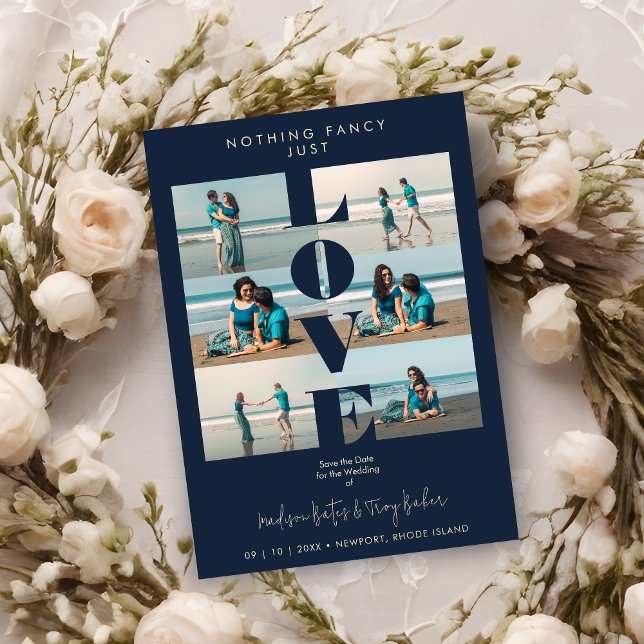 Save The Date Navy Blue Love Quote Simple Elegant  6 Multi Photo (Navy Blue Love Quote Simple Elegant Modern 6 Multi Photos Wedding Save the Date with Envelope.)