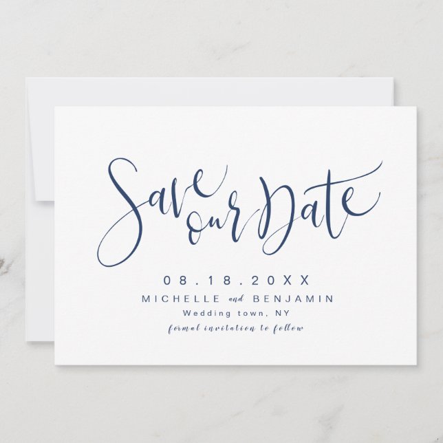 Save The Date Navy Blue Modern Simple Script Enregistrer La Date (Devant)