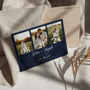 Save The Date Navy Blue Modern Trois Photos Collage Chic Mariage