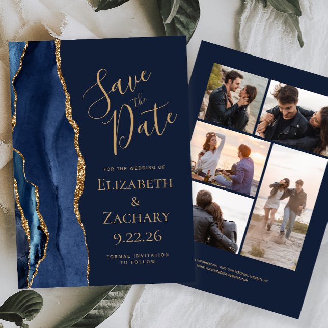 Save The Date Navy Blue Or Agate 5-Photo (Créateur téléchargé)