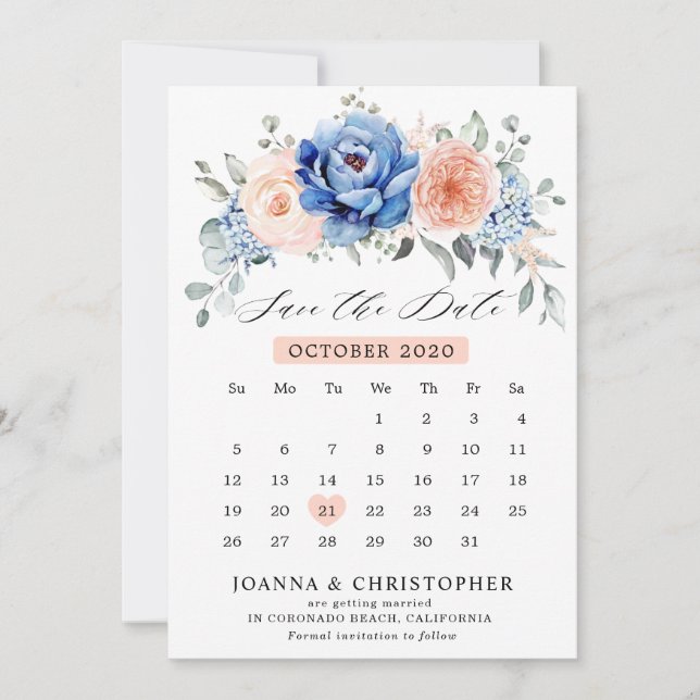 Save The Date Navy Blue Slate Dusty Blush calendrier Enregistrer (Devant)