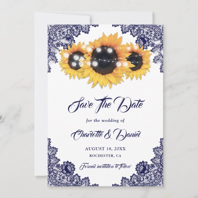 Save The Date Navy Blue Sunflower Floral Lace Rustic Wedding (Devant)