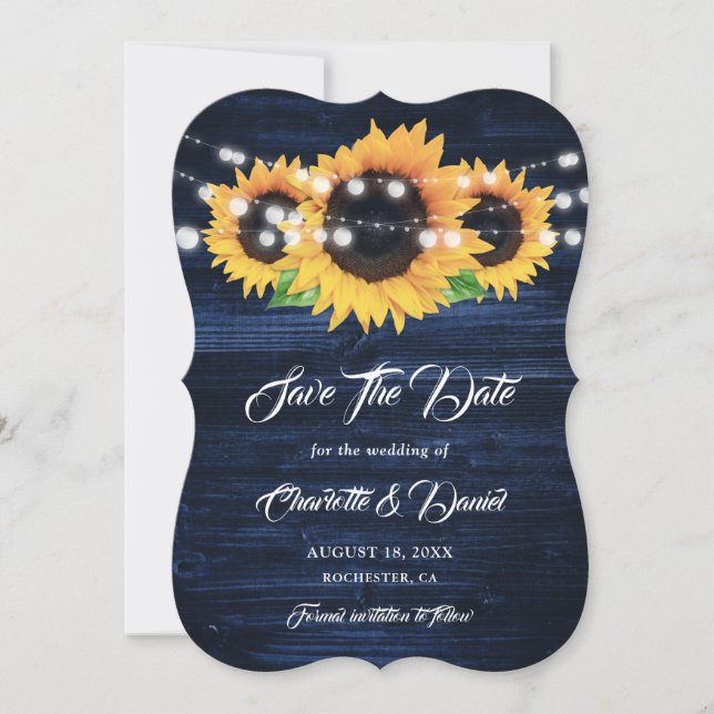 Save The Date Navy Blue Sunflower Wood String Lights Wedding (Devant)