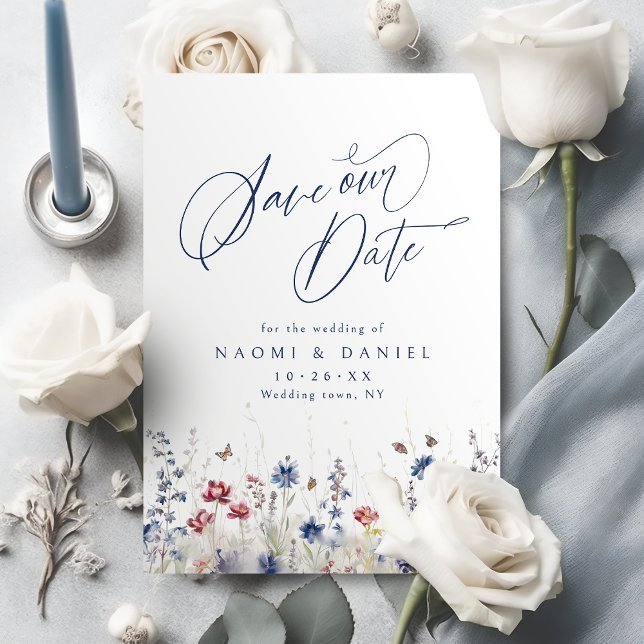 Save The Date Navy Blue Watercolor Wildflower Rustic Wedding (Navy Blue Watercolor Wildflower Rustic Wedding Save The Date)
