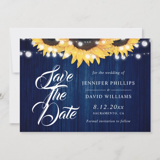 Save The Date Navy Blue Wood String Lights Sunflower Wedding (Devant)